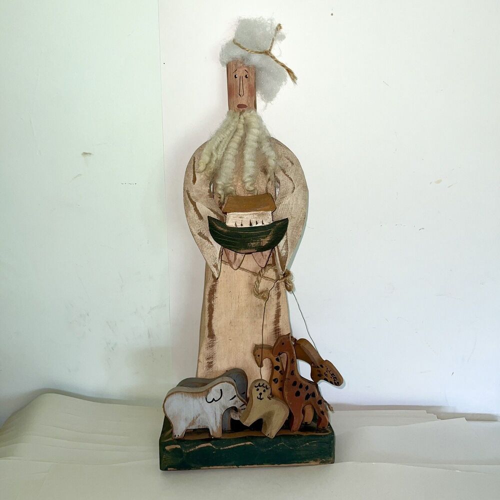 Unique Carved Wood Noah with Wood Animal Figurines 19”Tall 9” Wide